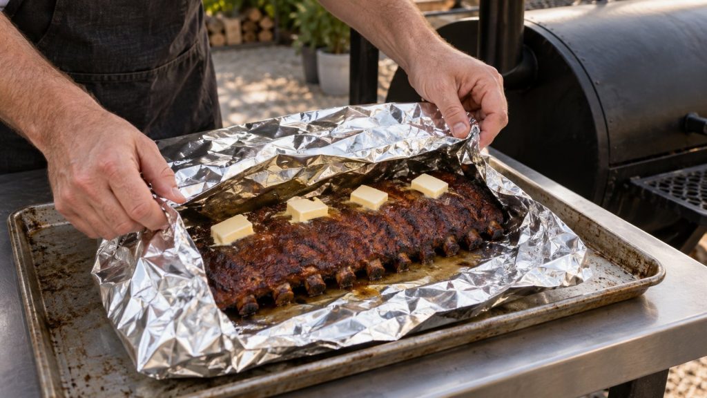 A rack of smoked spare ribs being wrapped tightly in heavy foil on a cutting board next to a smoker