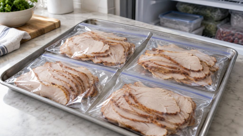 Sliced smoked turkey laid flat in freezer bags on a sheet tray