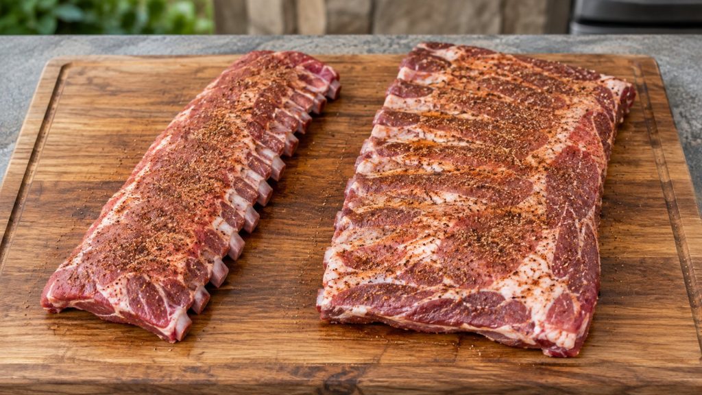A raw rack of baby back ribs beside a larger raw rack of spare ribs, both seasoned, on a cutting board