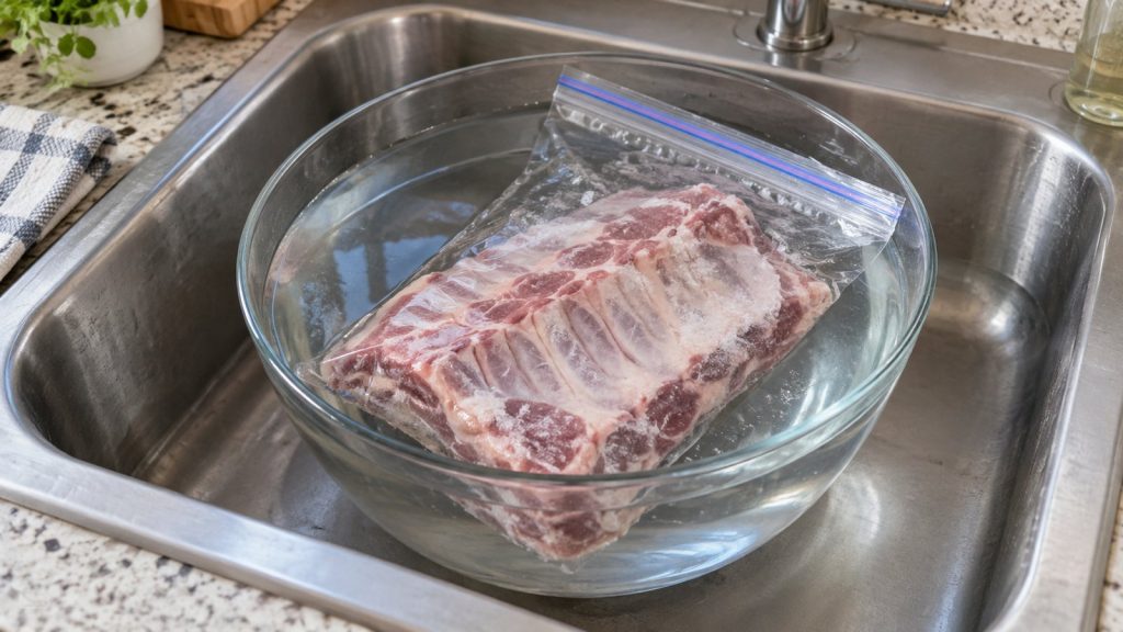 A sealed bag of frozen pork ribs submerged in a large bowl of cold water in a kitchen sink