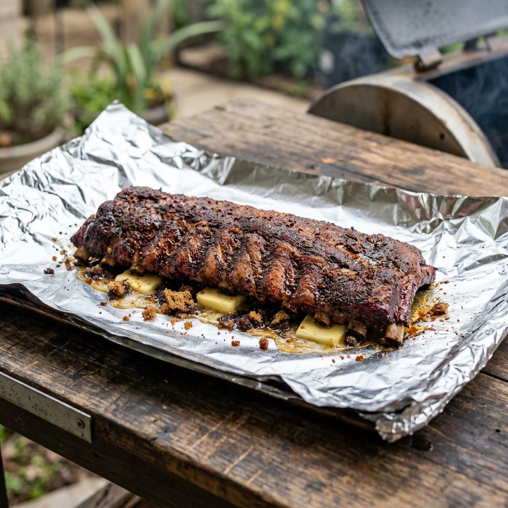 A rack of smoked spare ribs on heavy foil with butter and brown sugar, ready to be wrapped