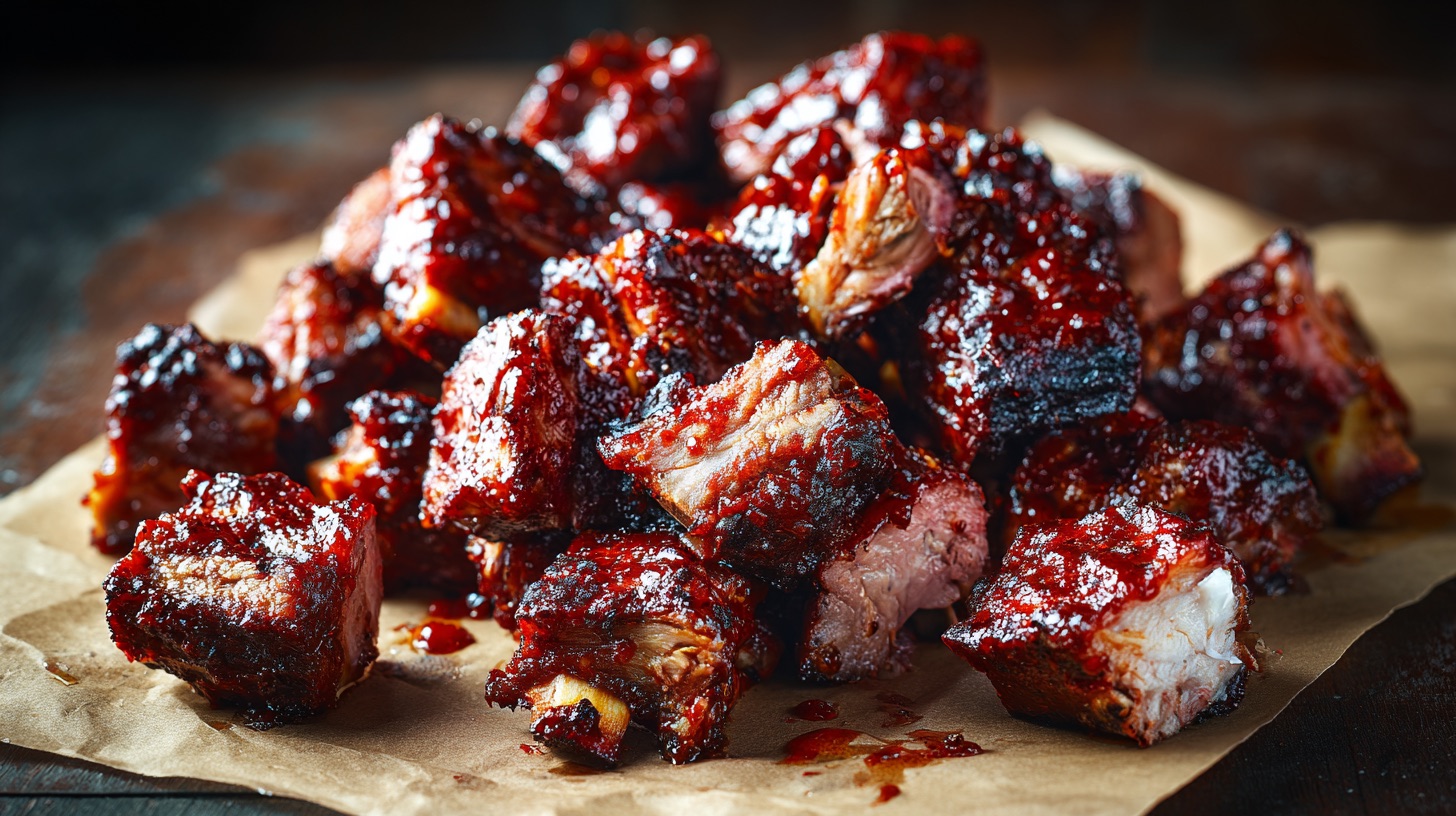 A pile of chopped barbecue pork rib tips with dark caramelised bark and visible cartilage on butcher paper