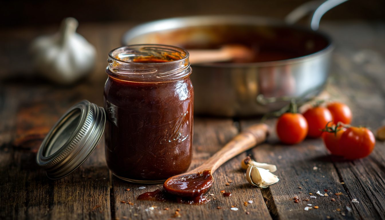 Homemade barbecue sauce in a glass jar beside the saucepan it was cooked in
