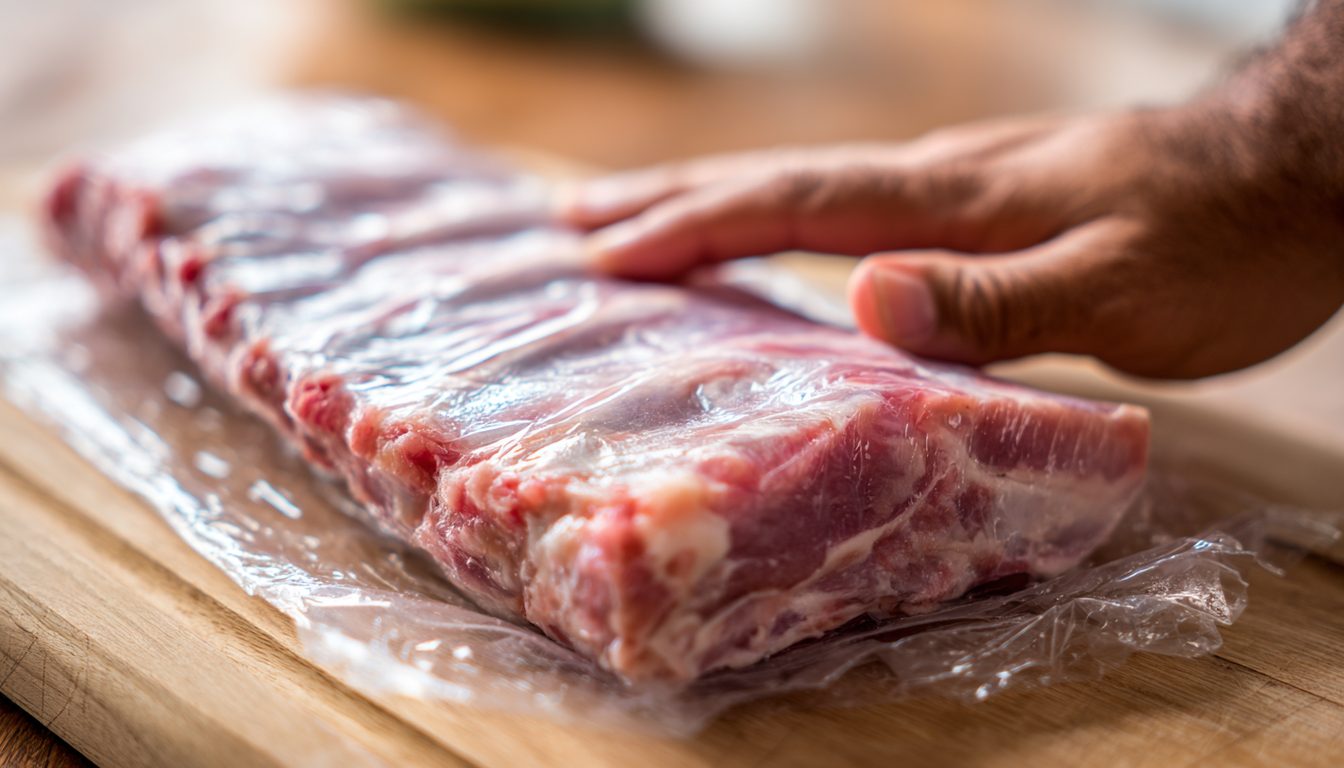 A rack of raw pork ribs out of its vacuum pack, being checked by hand for freshness
