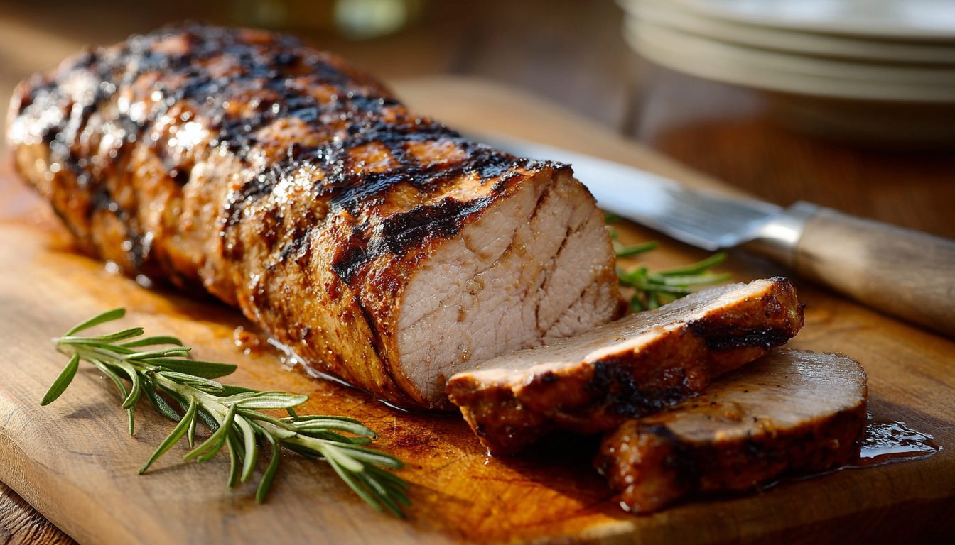 A grilled pork tenderloin resting on a board with two slices cut from the end
