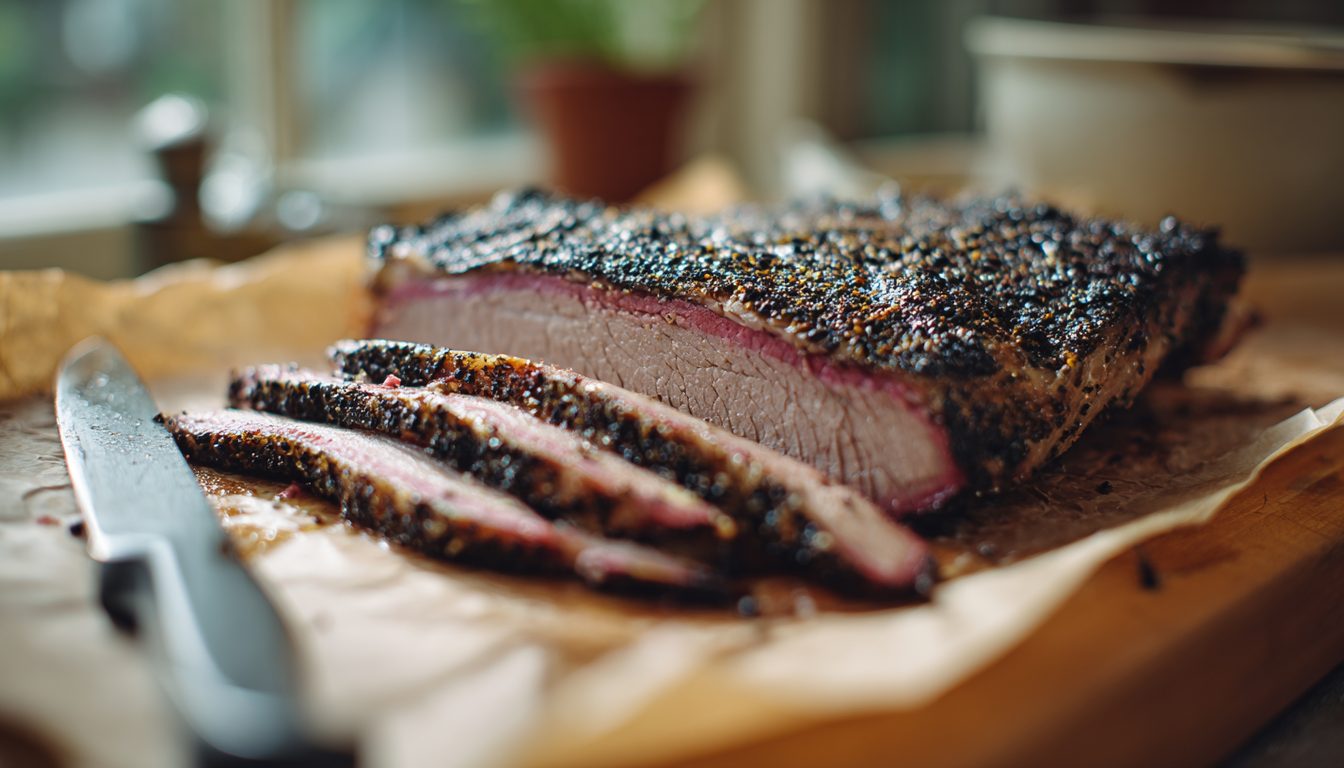 A smoked beef brisket being sliced across the grain on butcher paper