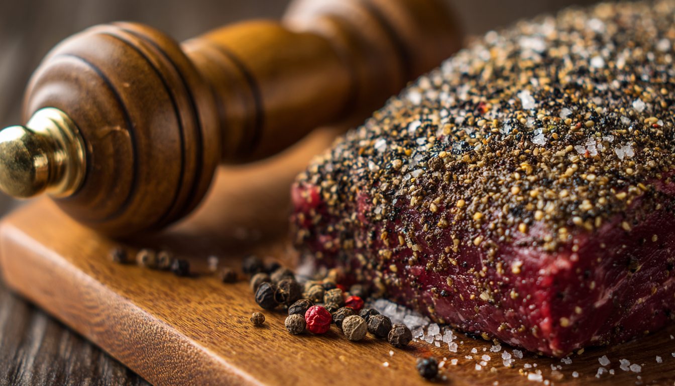 Raw beef coated in coarse cracked black pepper and flaky salt
