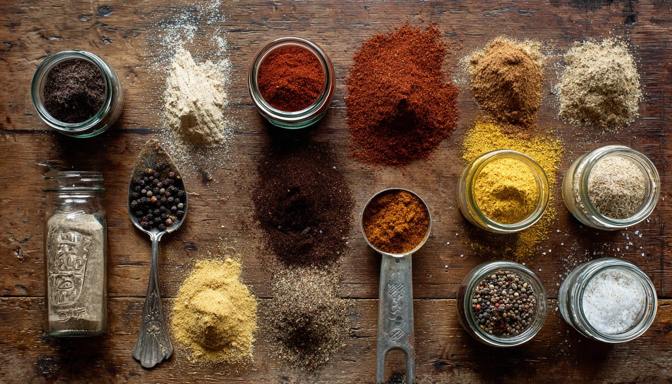 Piles of barbecue spices and unlabelled jars laid out on a wooden counter