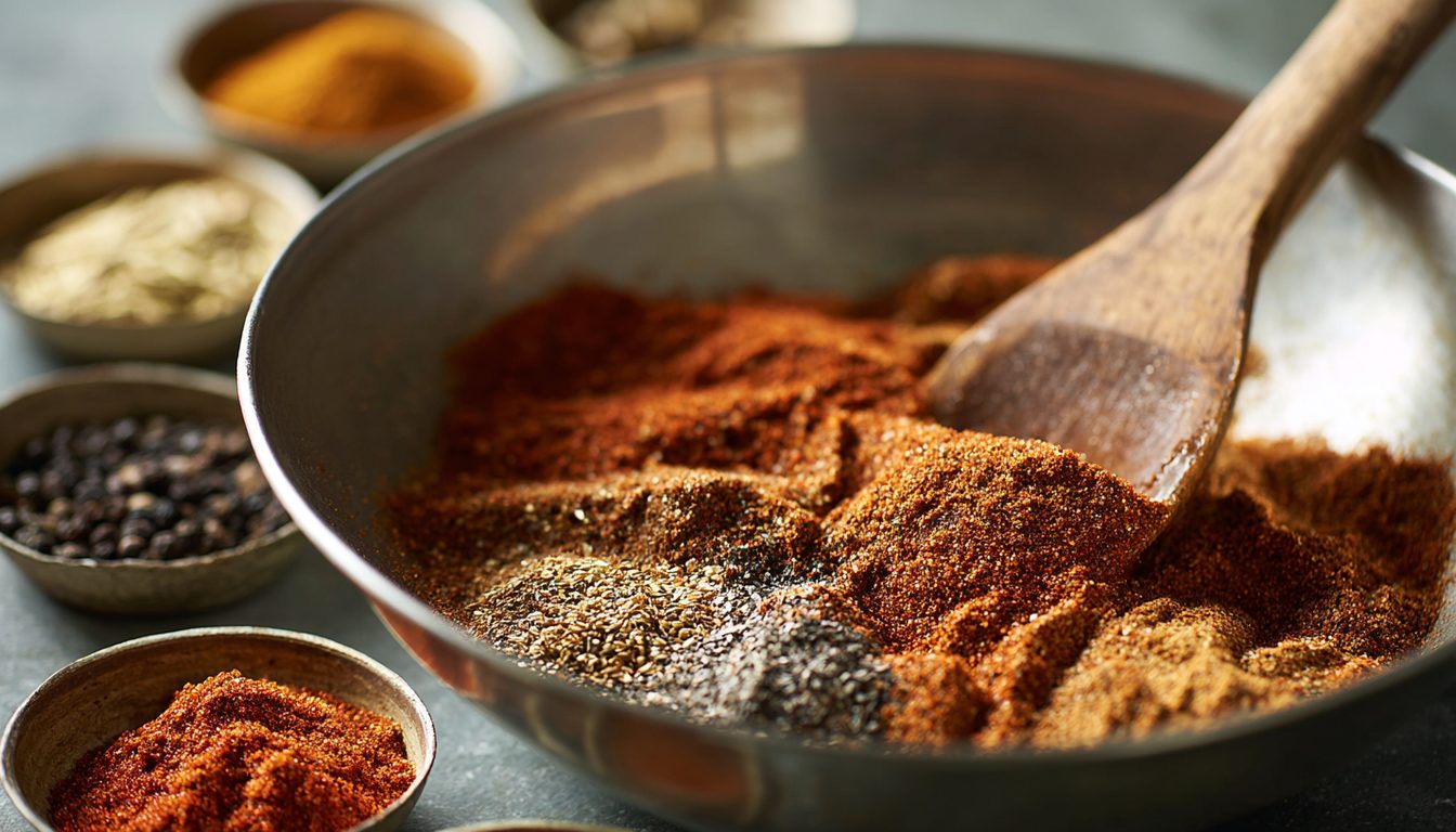 A barbecue rub half stirred together in a steel bowl, separate colours still visible