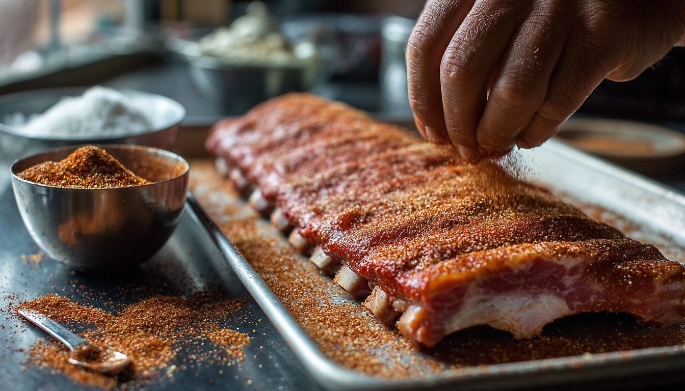 A hand patting dry rub onto a raw rack of pork ribs on a metal tray