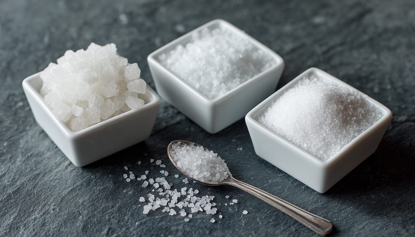 Three dishes of salt with visibly different crystal sizes beside a teaspoon