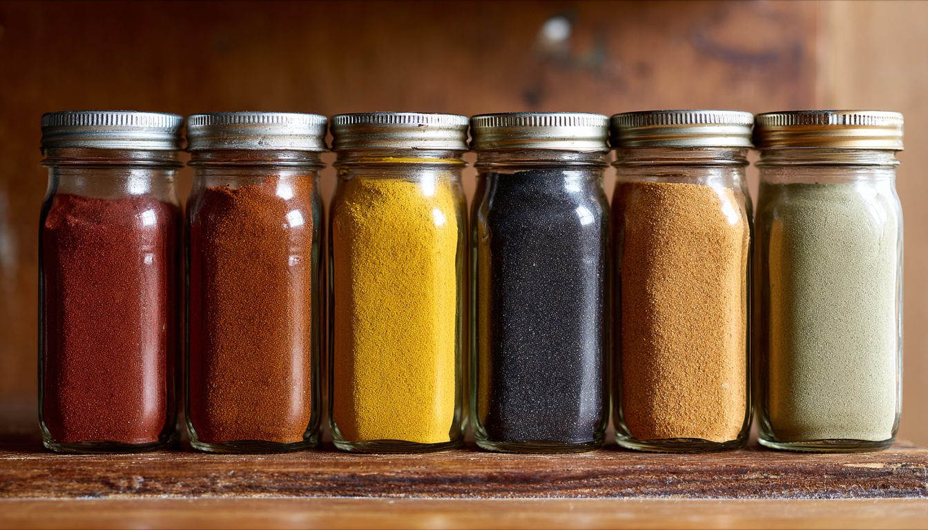 Six glass jars of different coloured spice blends on a wooden shelf