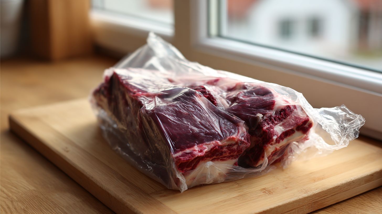 Raw beef short ribs fresh from an opened vacuum bag, deep purple where the plastic covered them and brighter red along the open edge