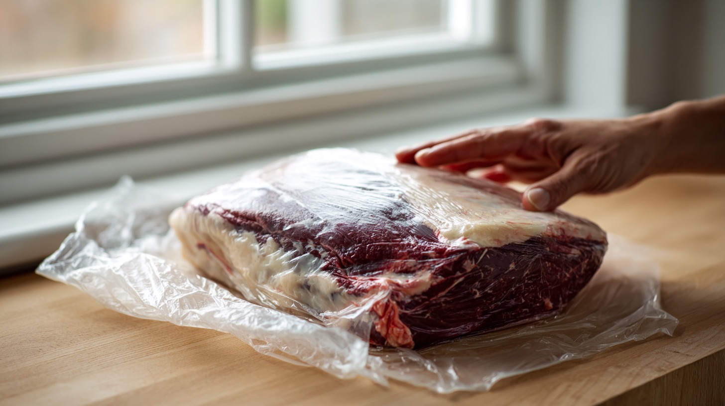 Hand checking the texture of a raw beef brisket just removed from its vacuum-sealed packaging