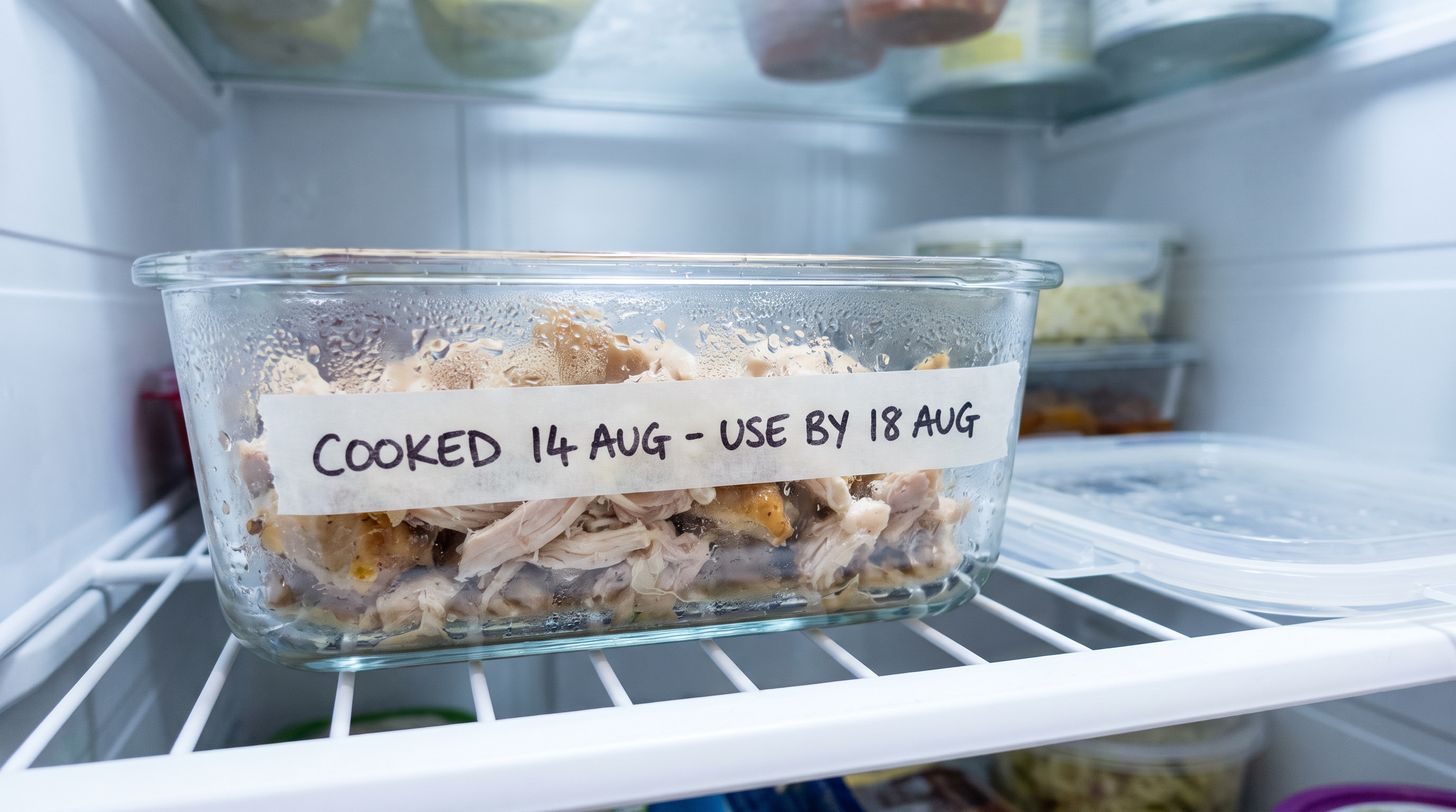 A glass container of cooked shredded chicken on a fridge shelf, labelled COOKED 14 AUG - USE BY 18 AUG