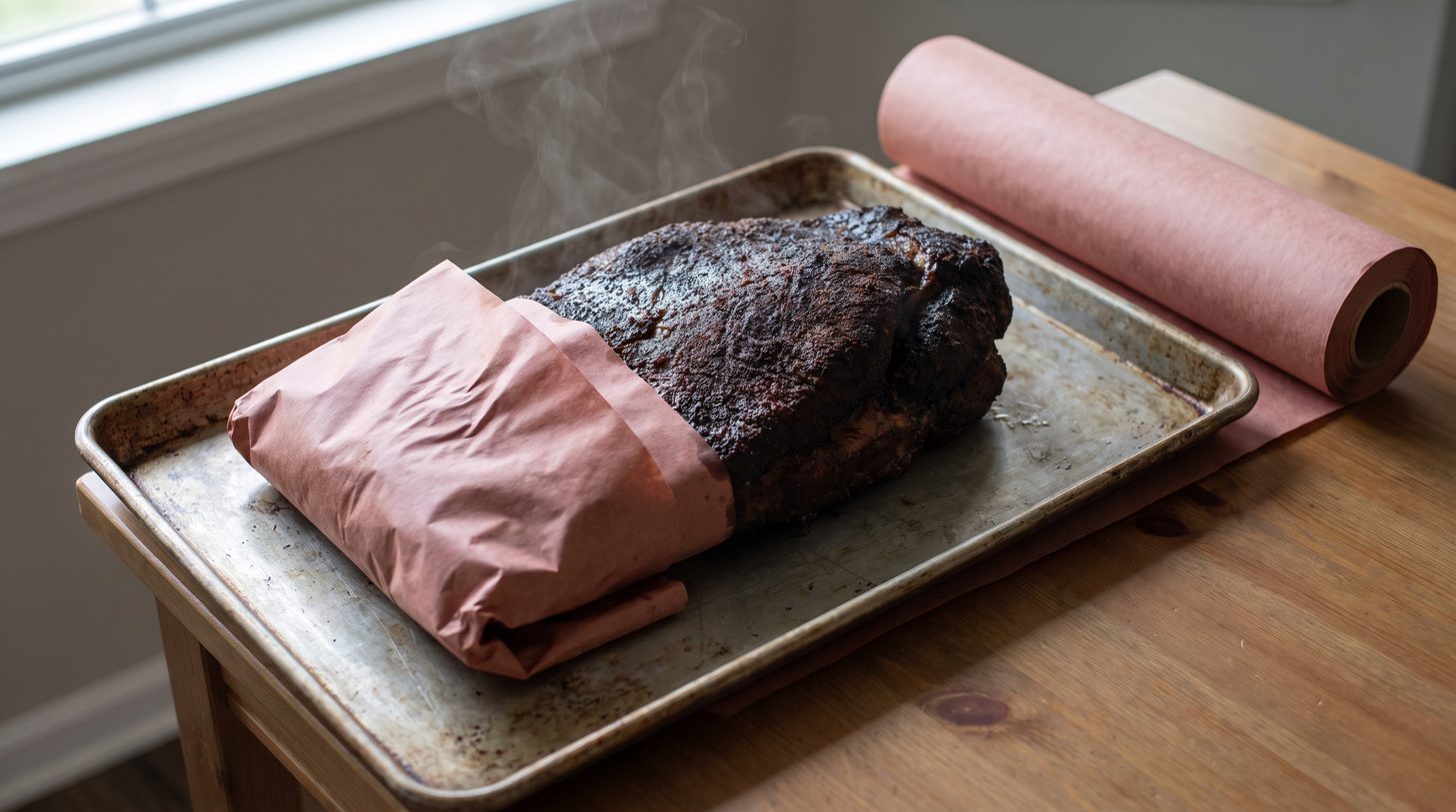 A smoked brisket being wrapped in pink butcher paper on a metal tray