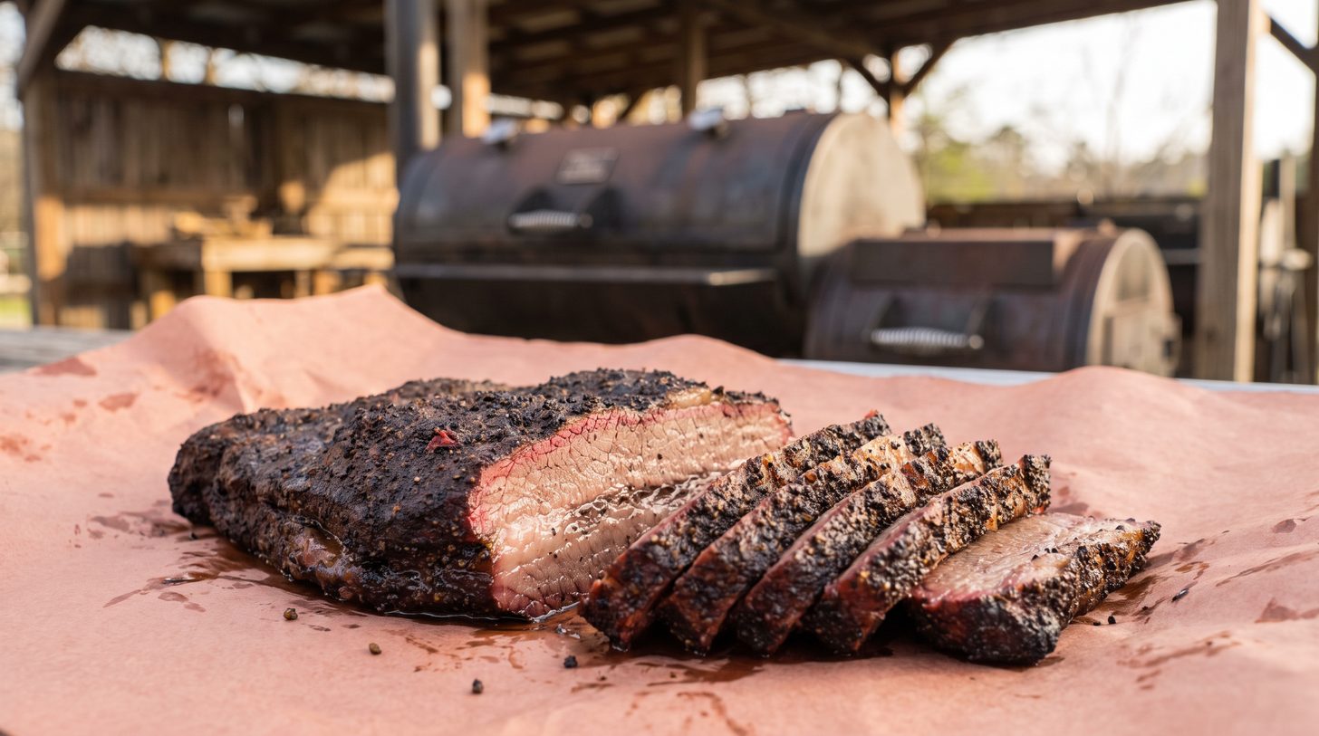 Sliced smoked beef brisket with dark bark and a visible smoke ring on butcher paper
