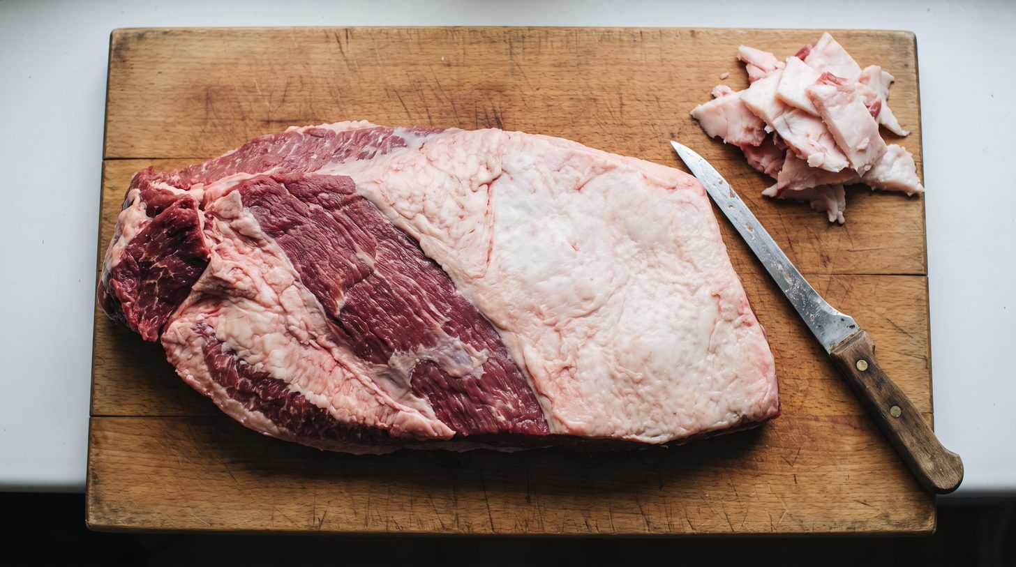 A raw brisket partially trimmed, showing trimmed and untrimmed fat side by side