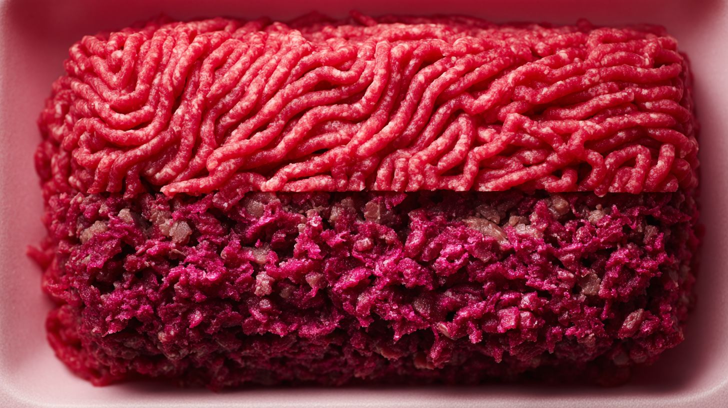 A tray of raw ground beef pulled open, bright cherry-red on the surface and a much darker greyish-purple inside where no oxygen reached