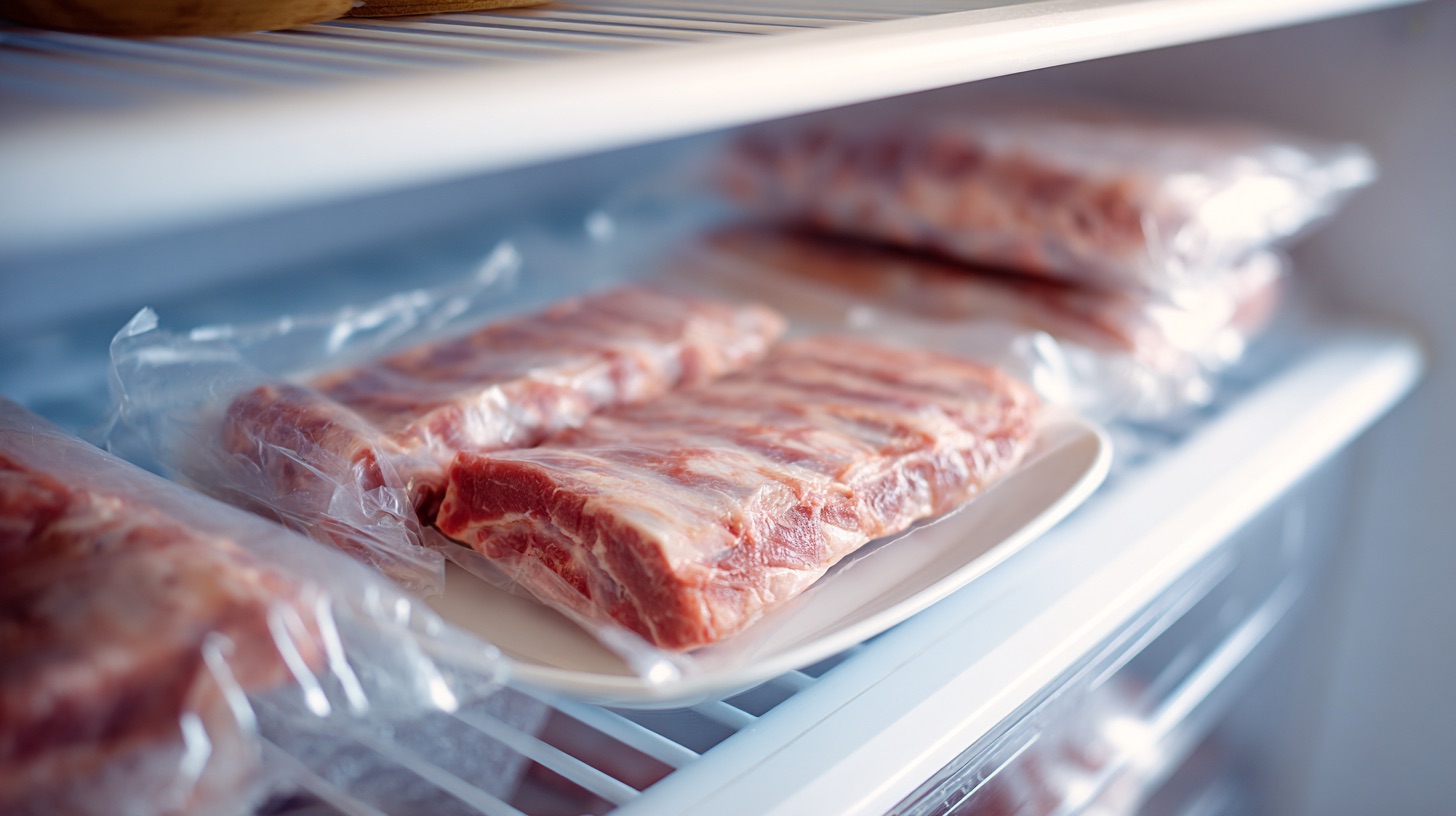 Raw pork baby back ribs wrapped in plastic on a plate on a clean refrigerator shelf