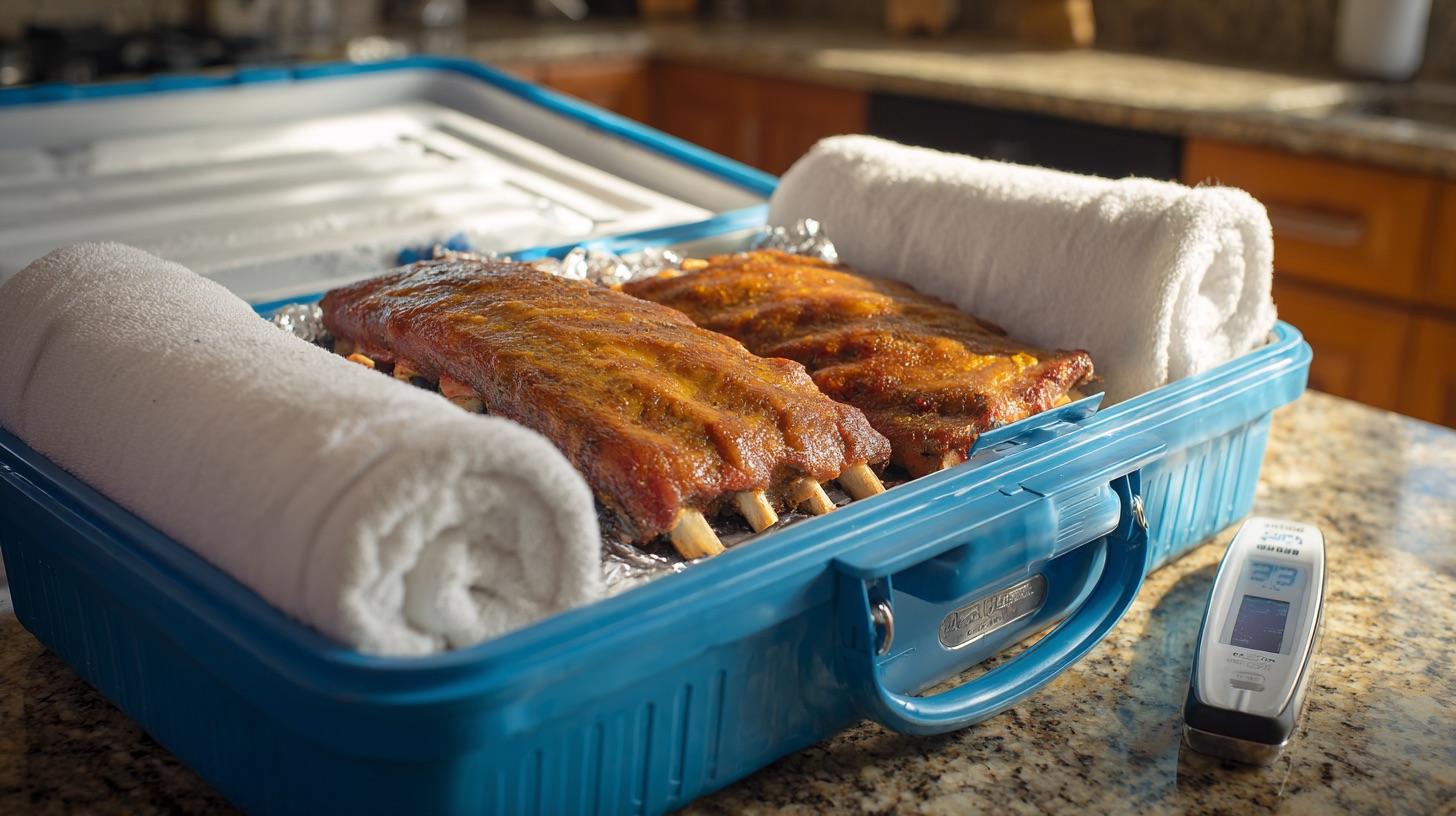 Two foil-wrapped racks of barbecue ribs packed with towels inside a cooler to hold them above 140F