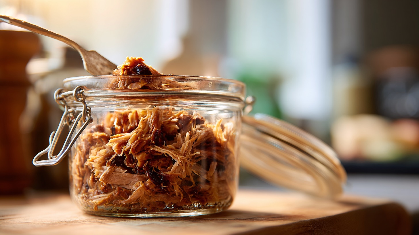 Shredded smoked pulled pork with dark bark pieces in a clear glass storage container with a dated label