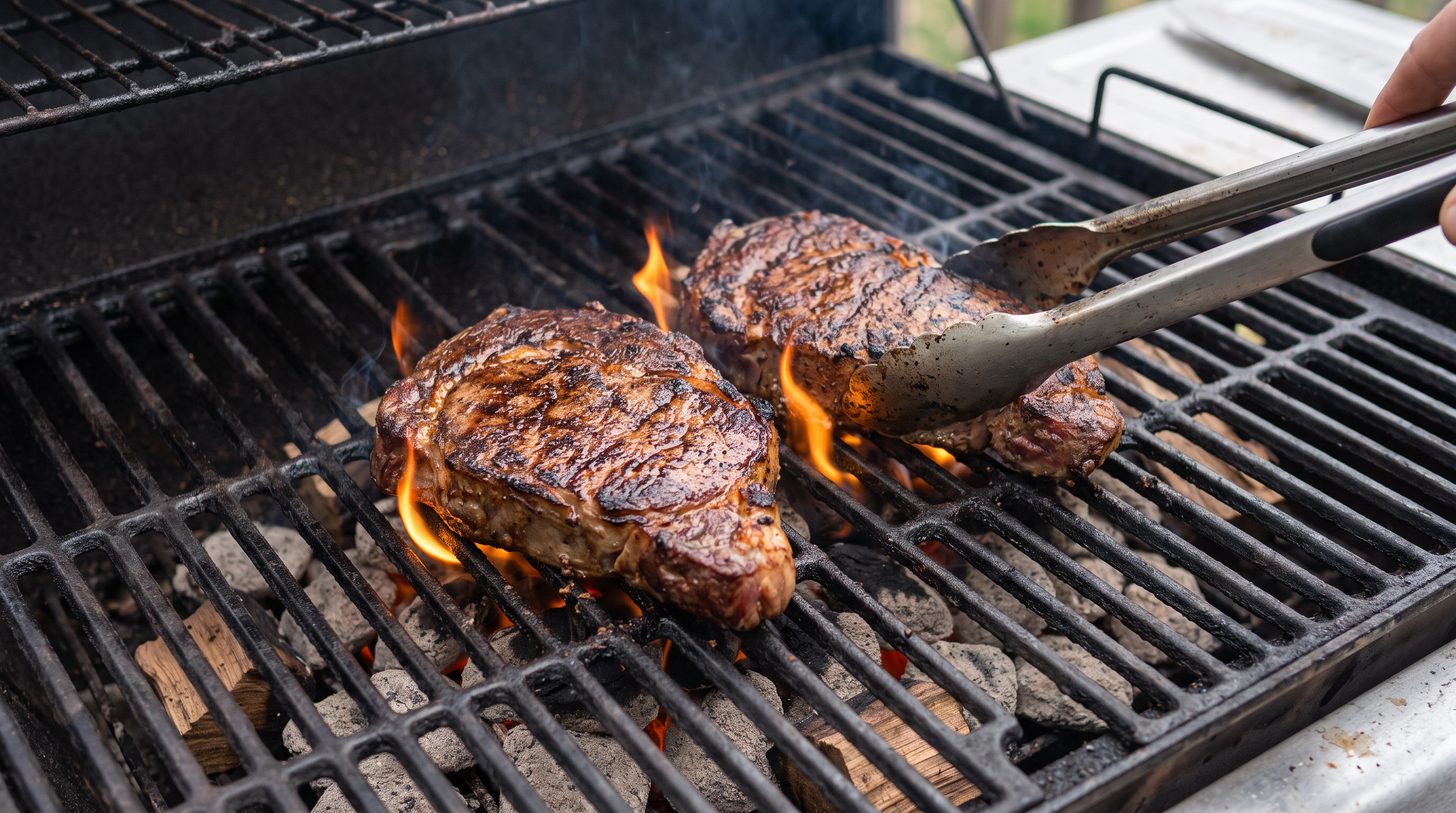 Steaks searing directly over glowing charcoal with visible flare