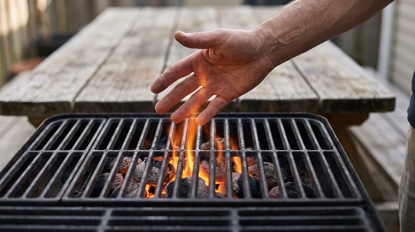 A hand held above a charcoal grill grate to test heat by feel