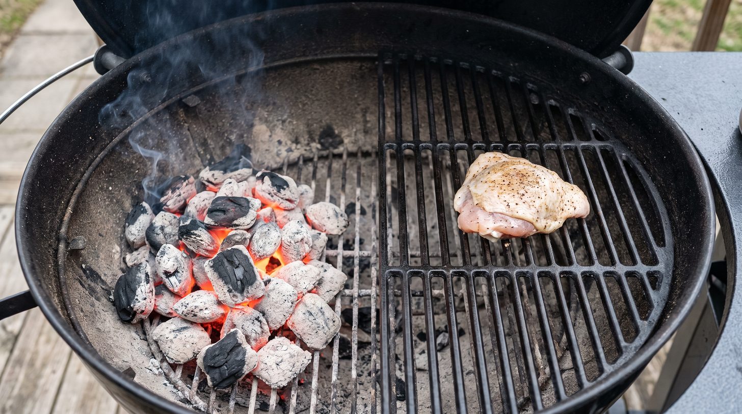 A charcoal kettle grill showing a two-zone fire, coals banked on one side and empty on the other