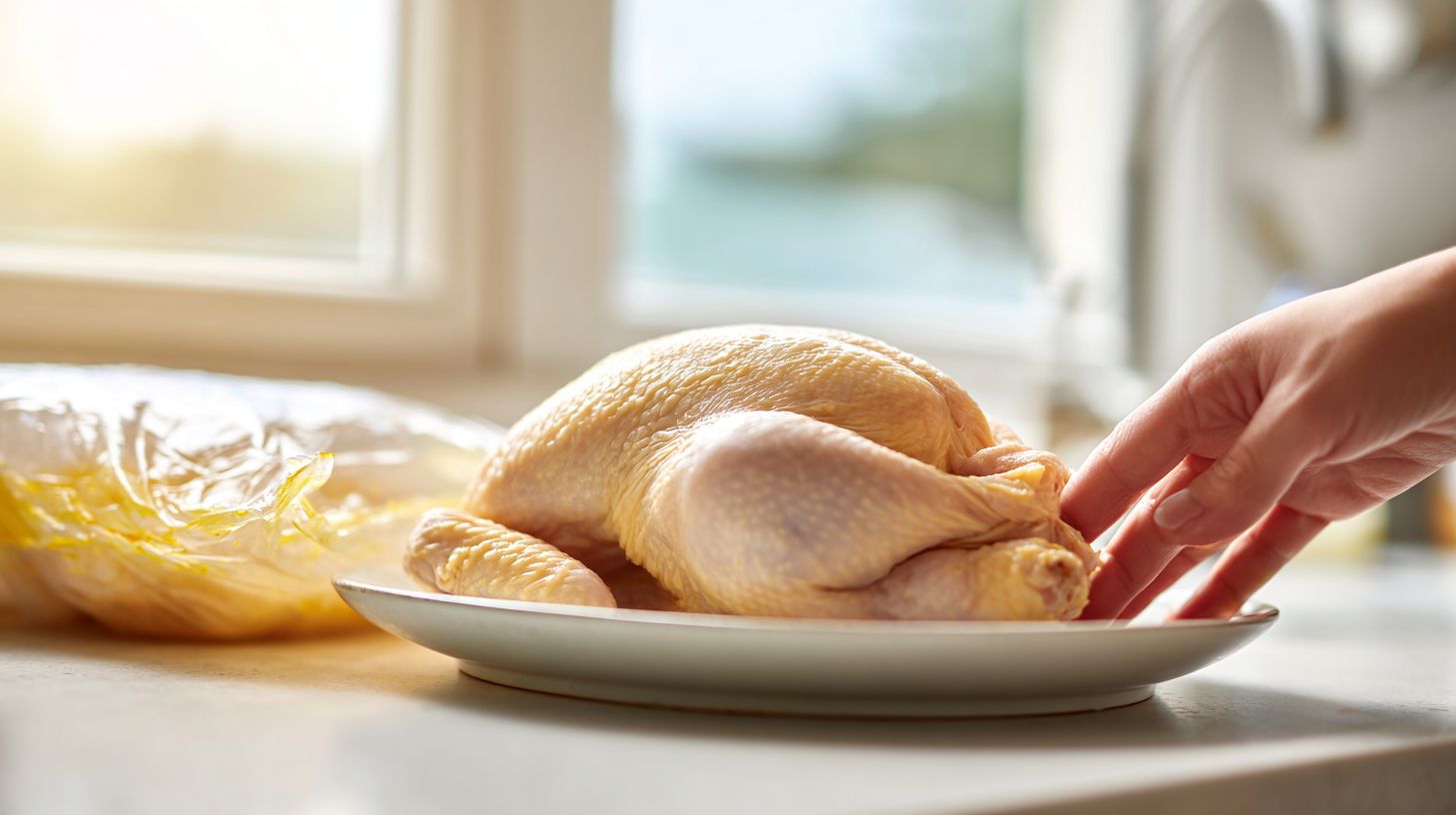 A whole raw chicken with pale bluish-white skin on a white plate, a hand checking the surface texture