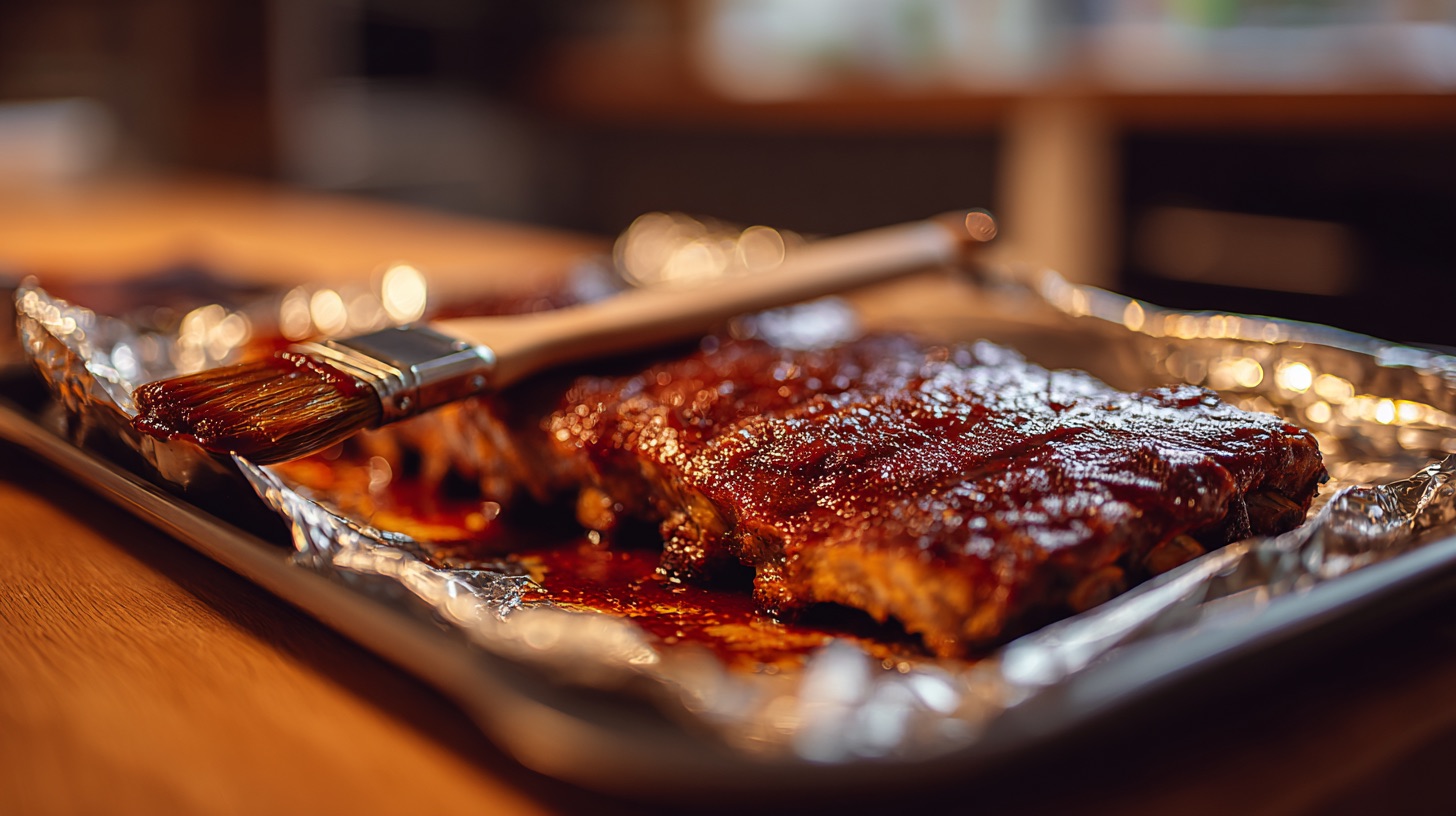 An opened foil parcel of reheated barbecue pork ribs steaming on a baking sheet with a basting brush alongside