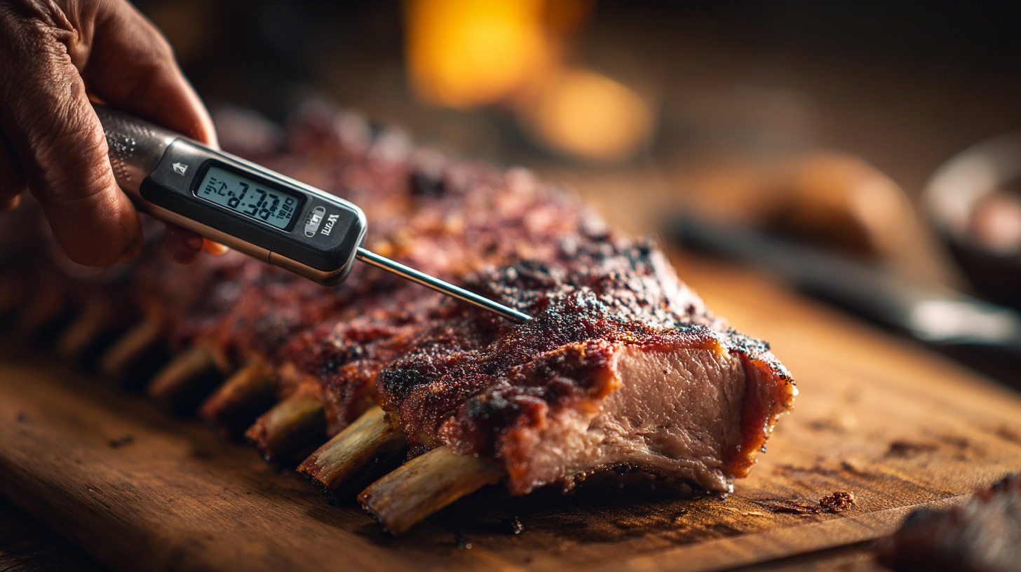 A digital instant-read thermometer probe inserted sideways into the meat between the bones of a rack of smoked ribs