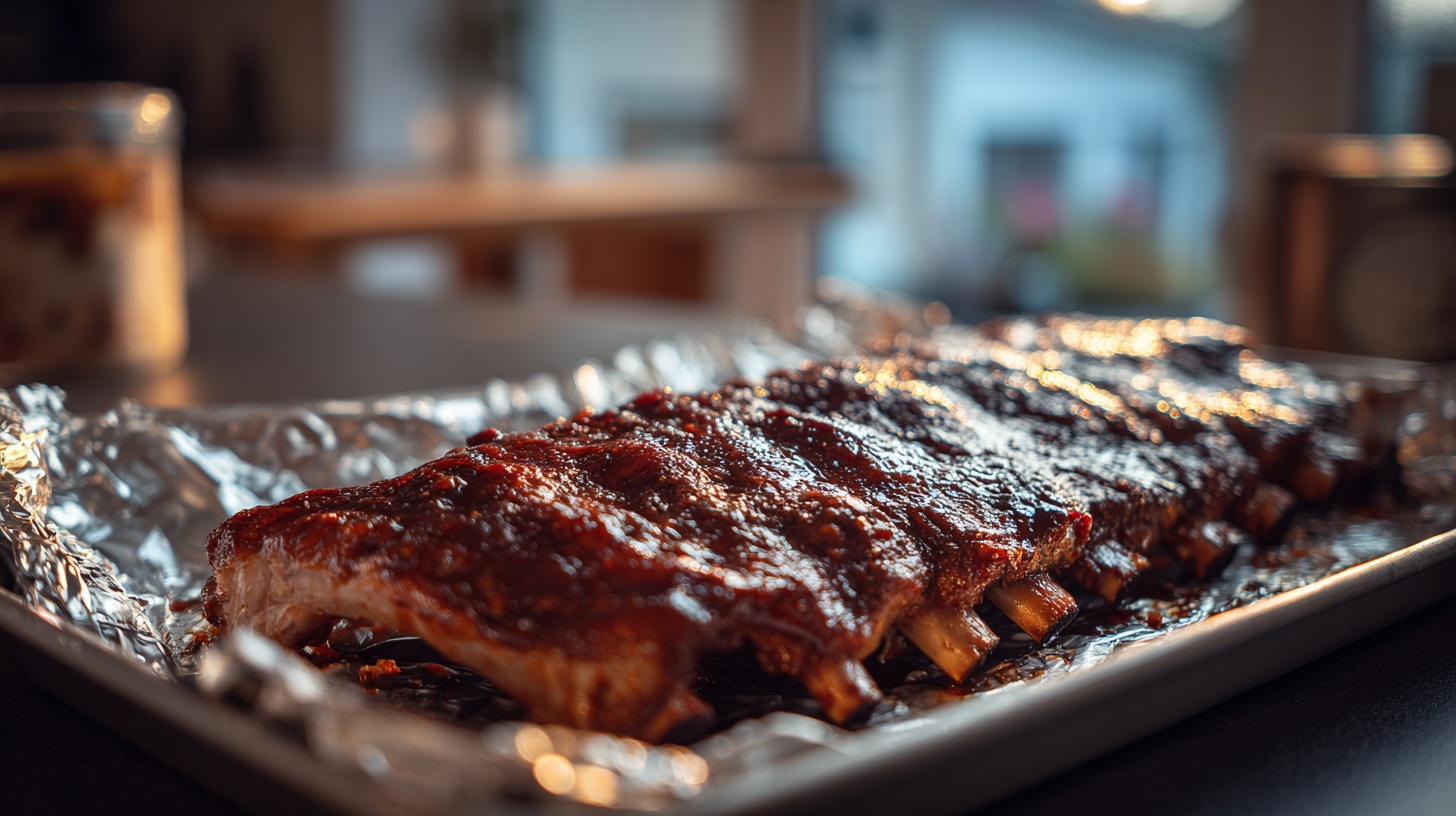 A rack of cooked barbecue ribs left out on a foil-lined tray on a kitchen counter in cold morning light