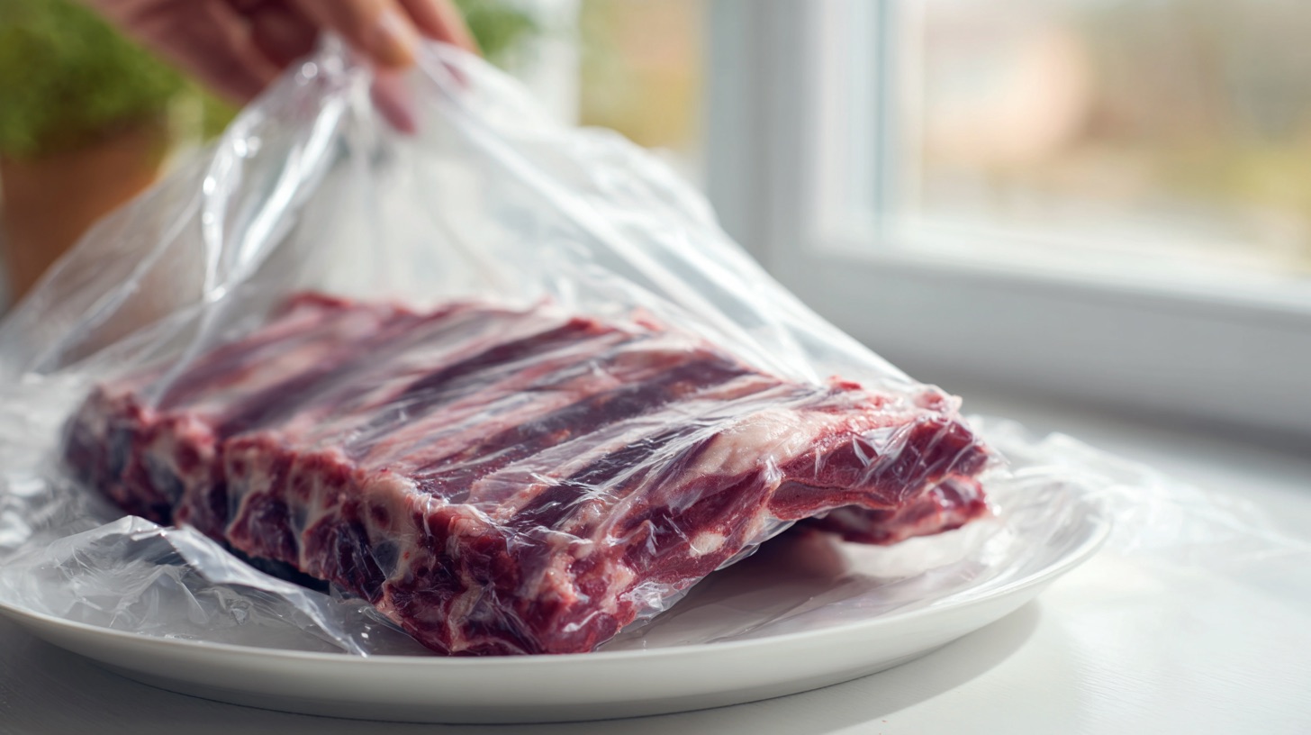 A rack of raw pork ribs freshly out of its vacuum-sealed bag, deep purple-red, resting on a white plate for the smell test