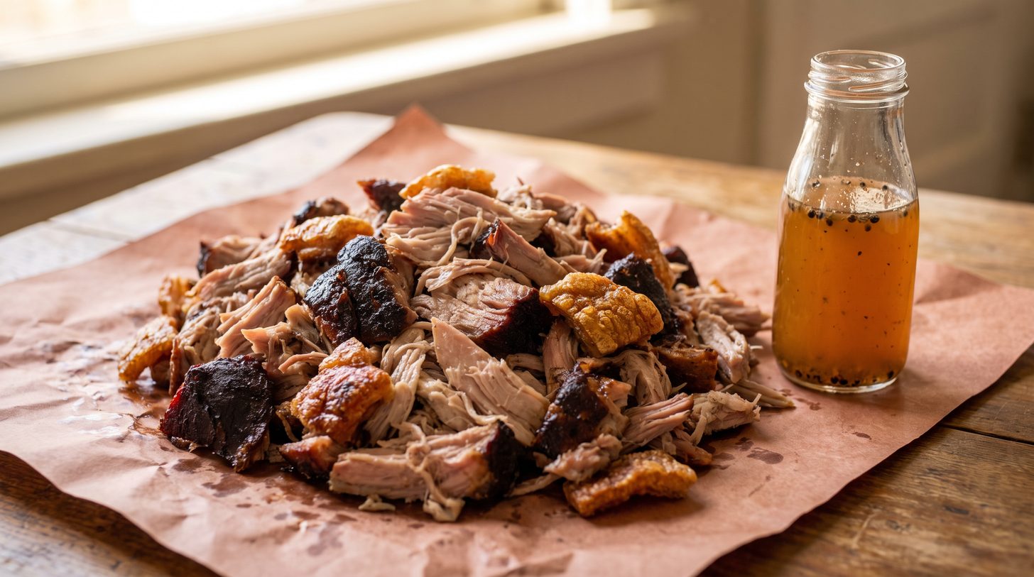 A pile of hand-pulled smoked pork with crisp skin pieces worked in, beside a bottle of vinegar-pepper sauce