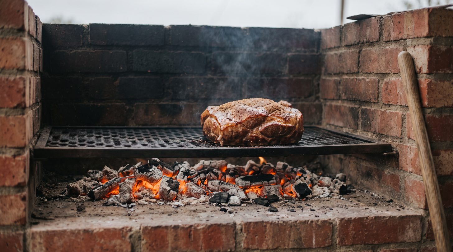 A pork shoulder cooking over glowing wood coals in a brick pit