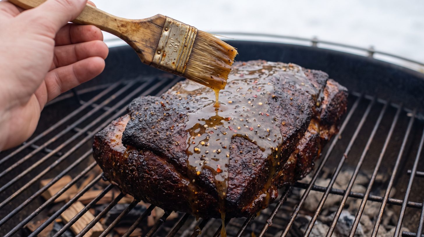 A hand basting thin vinegar-pepper sauce over a smoked pork shoulder