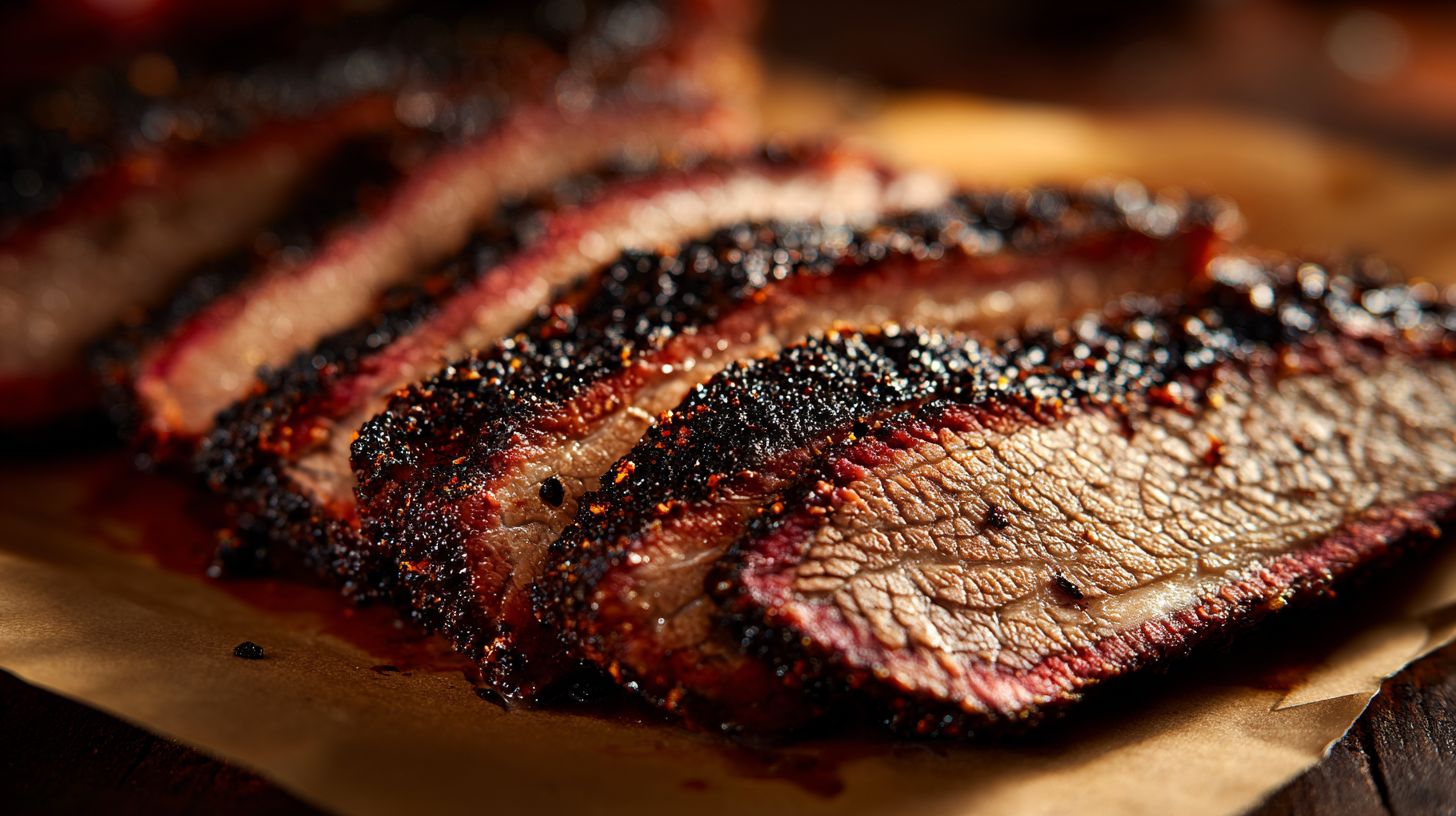 Thick slices of smoked beef brisket on butcher paper with dark peppery bark and a pink smoke ring