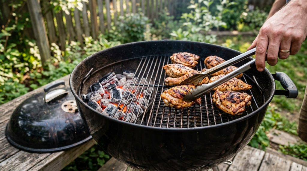 Charcoal kettle grill with coals banked to one side and chicken on the cooler side