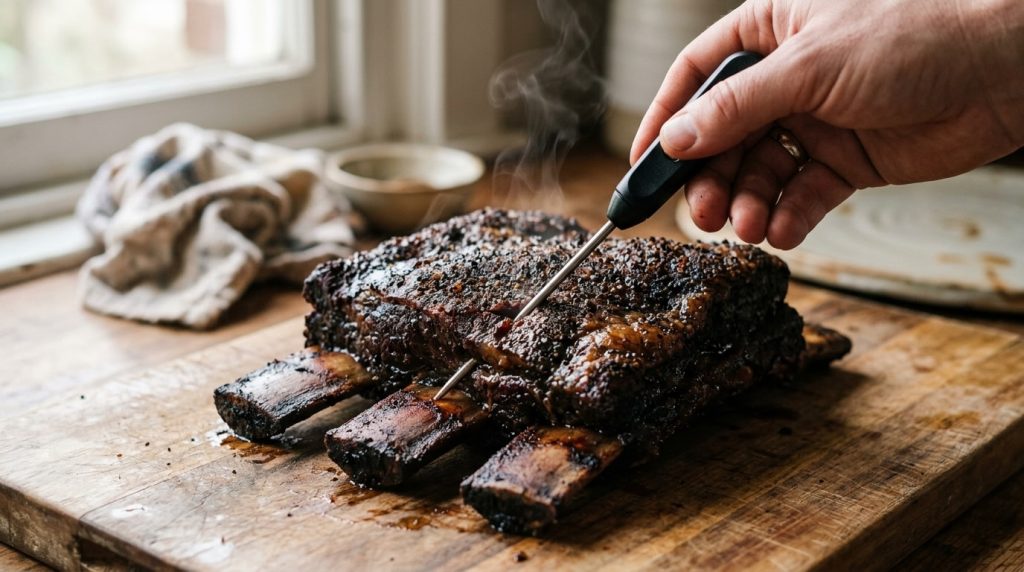Instant read thermometer probe going into the meat between two smoked beef rib bones