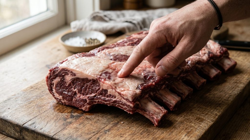Raw beef short ribs on a wooden board being checked by hand