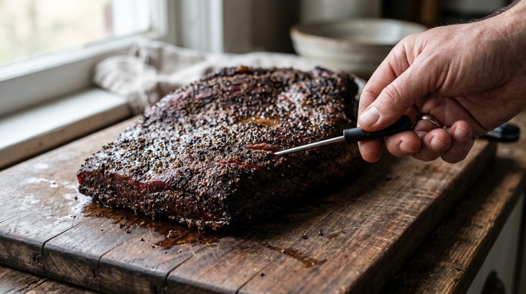 Thermometer probe entering the side of a smoked brisket flat