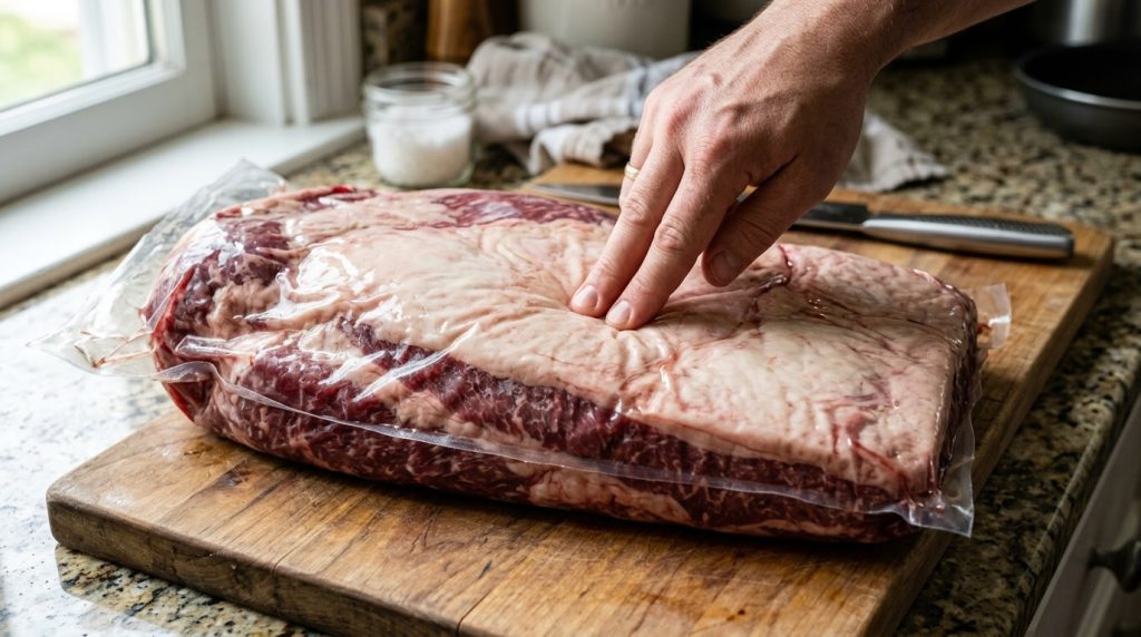 Hand pressing the surface of a raw packer brisket still in its cryovac