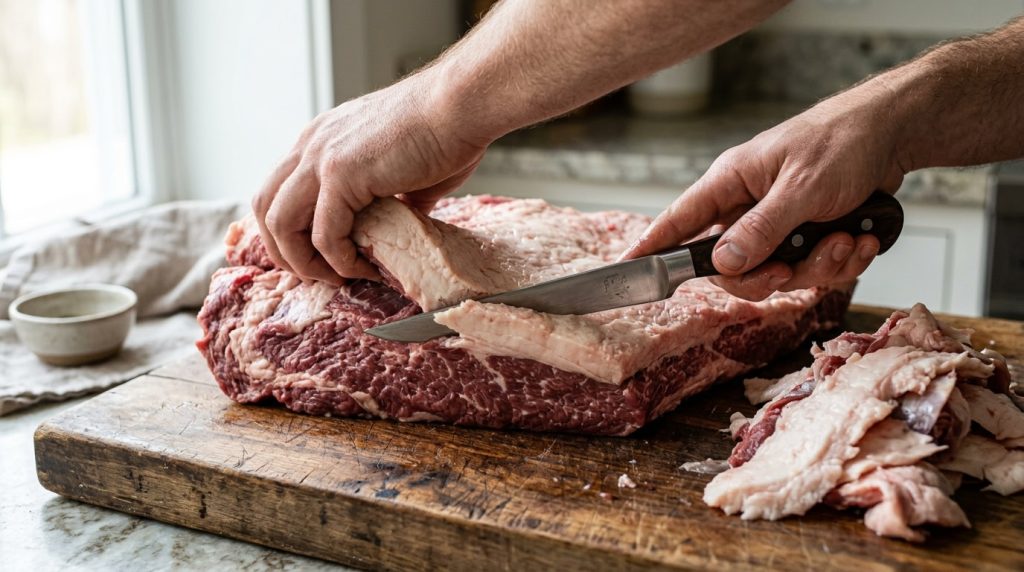 Hands trimming the fat cap from a raw packer brisket with a boning knife