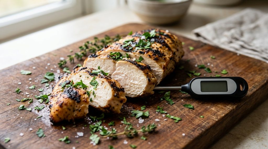Sliced grilled chicken breast on a board with an instant read thermometer beside it