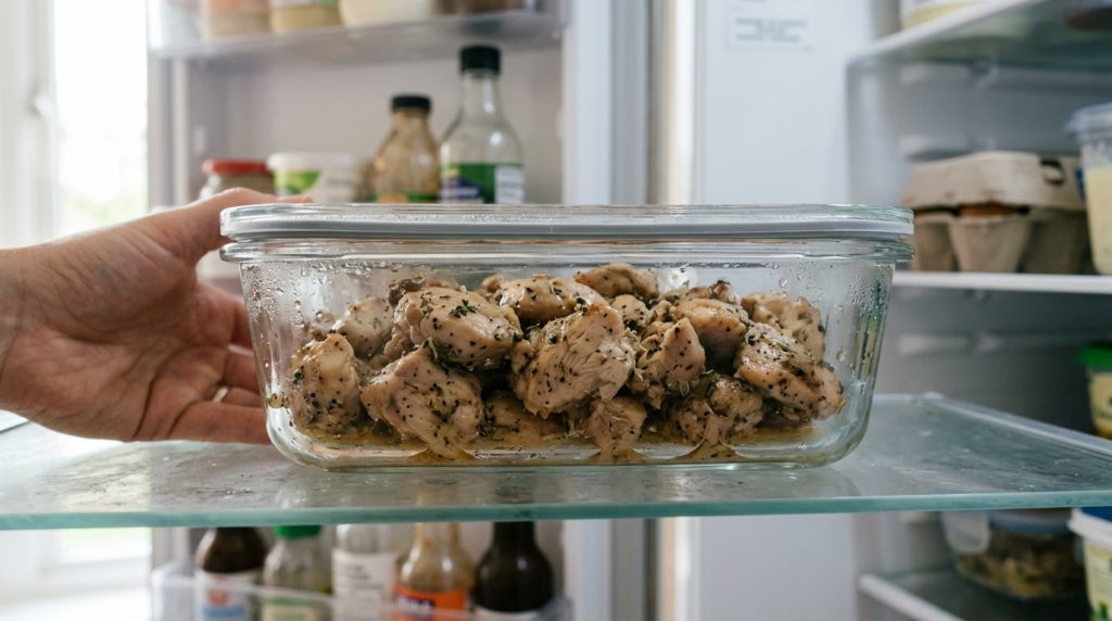 Cooked chicken packed into a shallow lidded container on a fridge shelf