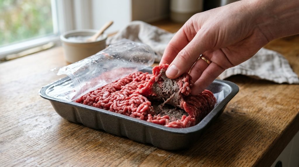 Opened pack of ground beef showing red outside and grey interior