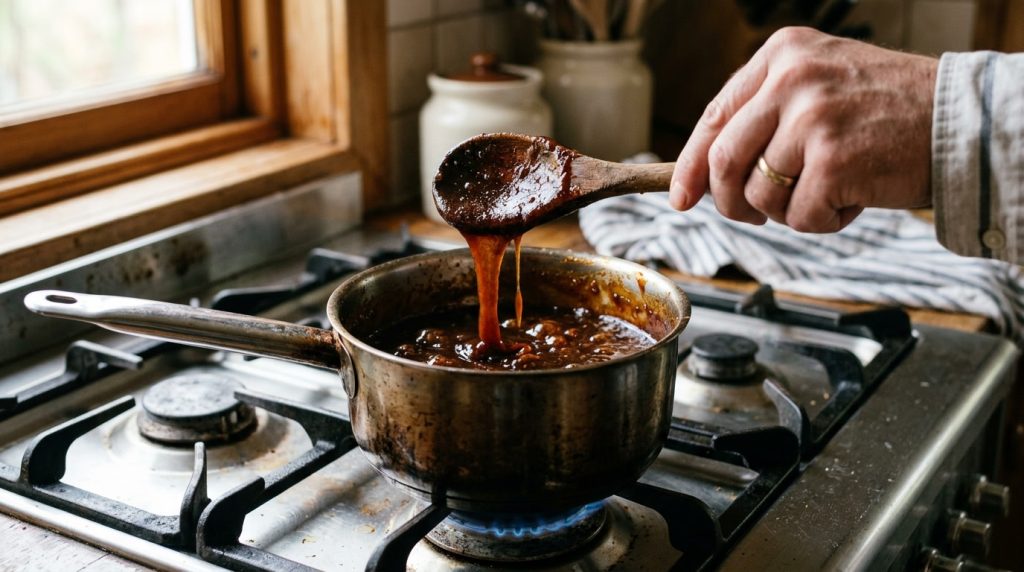 Glossy honey barbecue sauce being stirred in a saucepan