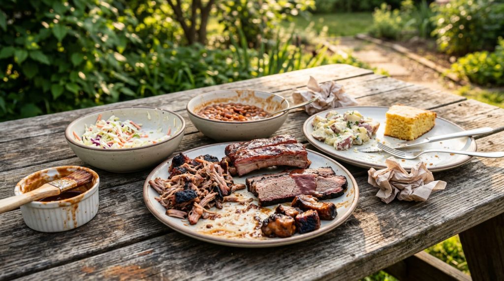 A picnic table after a backyard barbecue with platters of leftover meat and sides sitting in the afternoon sun
