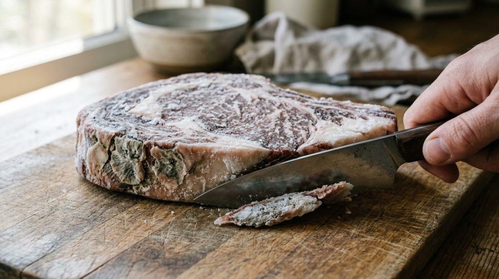 A frozen raw steak with dry grey freezer-burned patches along one edge on a cutting board, a knife trimming the patch away
